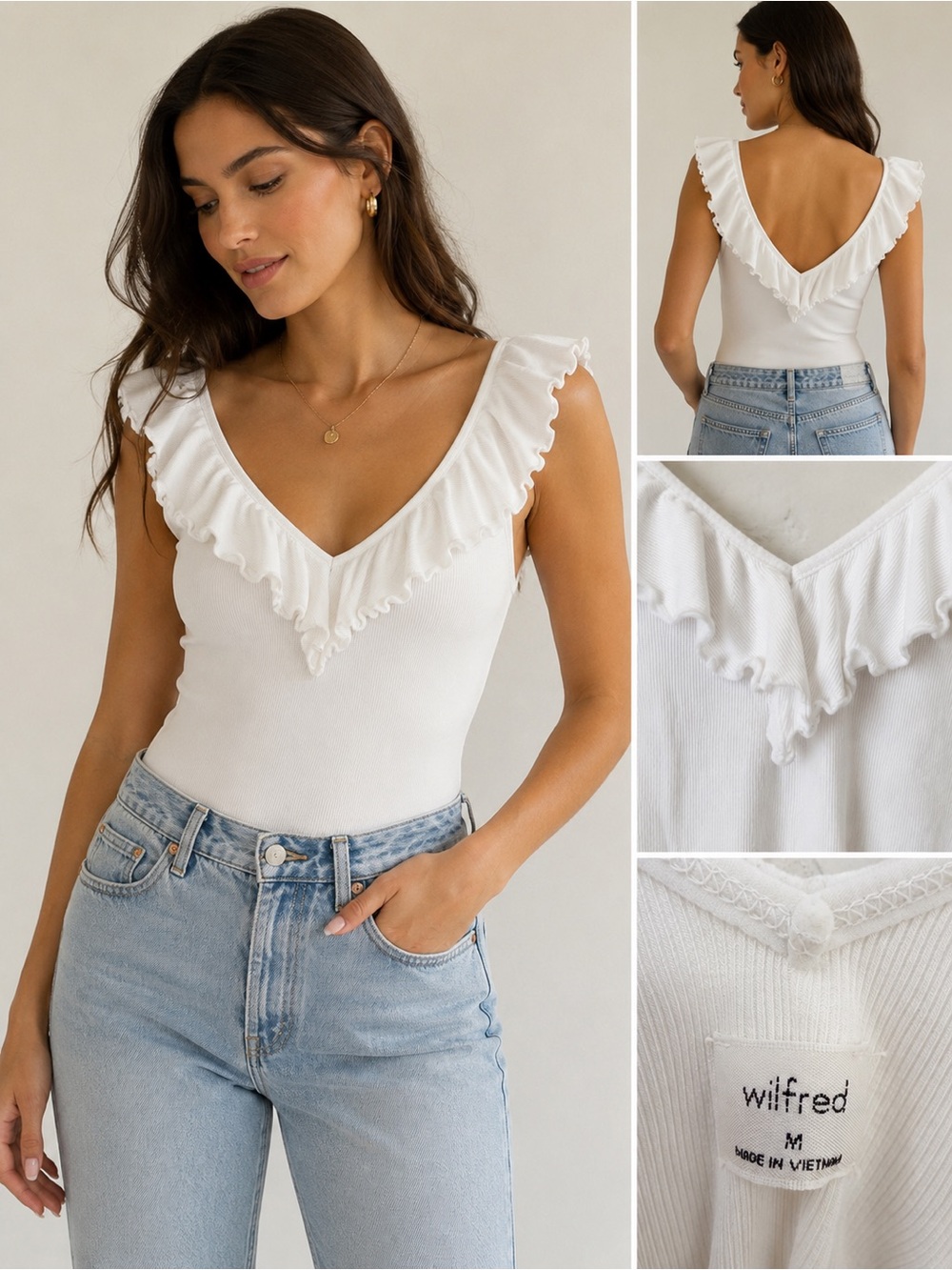 Aritzia Wilfred White Ribbed Ruffle V-Neck Bodysuit Size M.